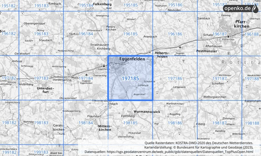 Übersichtskarte des KOSTRA-DWD-2020-Rasterfeldes Nr. 197185