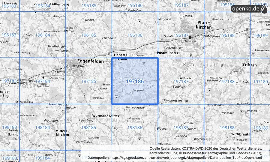 Übersichtskarte des KOSTRA-DWD-2020-Rasterfeldes Nr. 197186