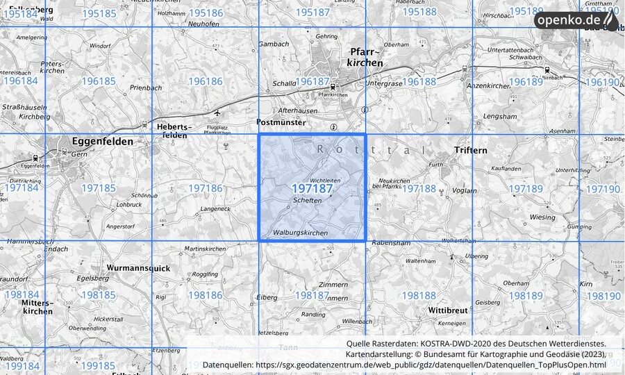 Übersichtskarte des KOSTRA-DWD-2020-Rasterfeldes Nr. 197187