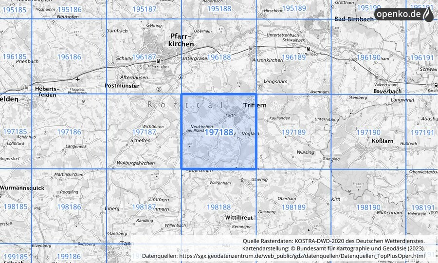 Übersichtskarte des KOSTRA-DWD-2020-Rasterfeldes Nr. 197188