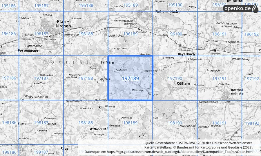 Übersichtskarte des KOSTRA-DWD-2020-Rasterfeldes Nr. 197189