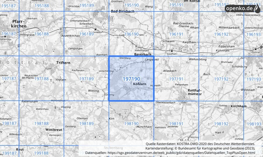 Übersichtskarte des KOSTRA-DWD-2020-Rasterfeldes Nr. 197190