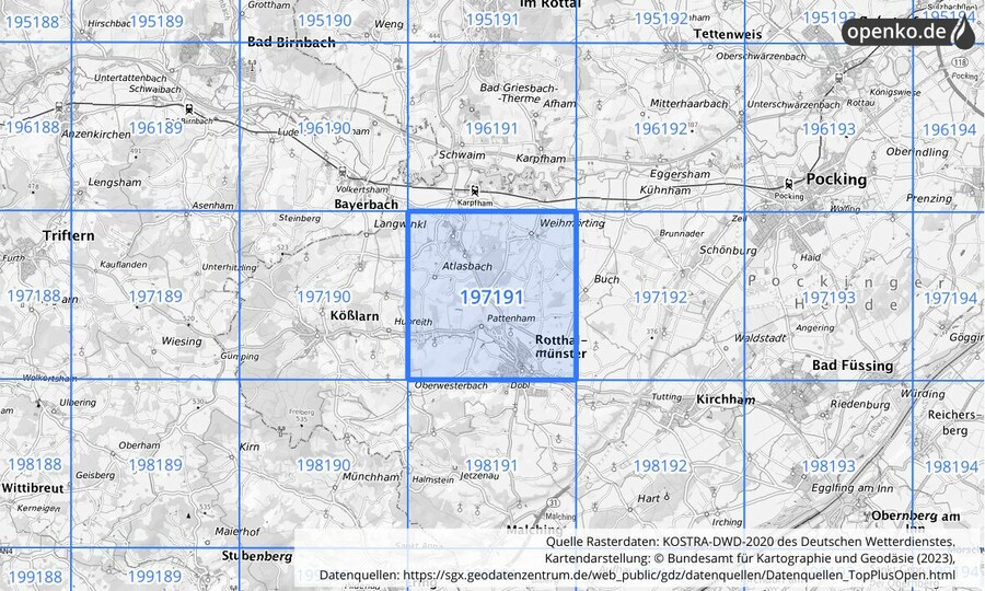 Übersichtskarte des KOSTRA-DWD-2020-Rasterfeldes Nr. 197191