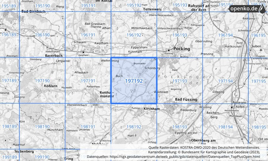 Übersichtskarte des KOSTRA-DWD-2020-Rasterfeldes Nr. 197192