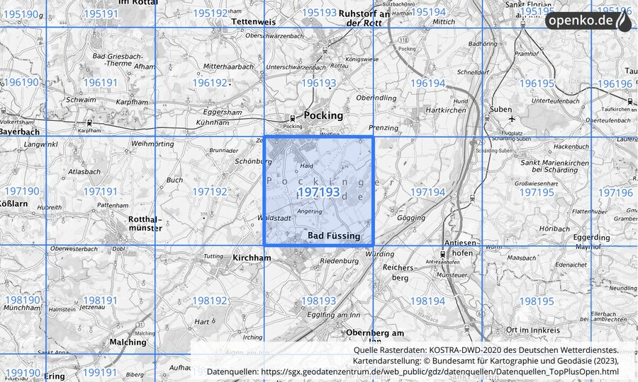 Übersichtskarte des KOSTRA-DWD-2020-Rasterfeldes Nr. 197193