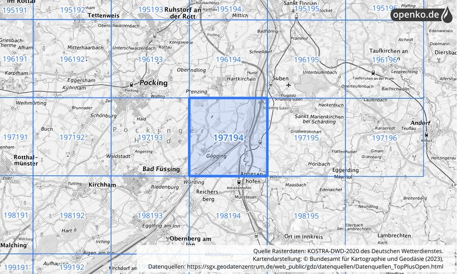 Übersichtskarte des KOSTRA-DWD-2020-Rasterfeldes Nr. 197194