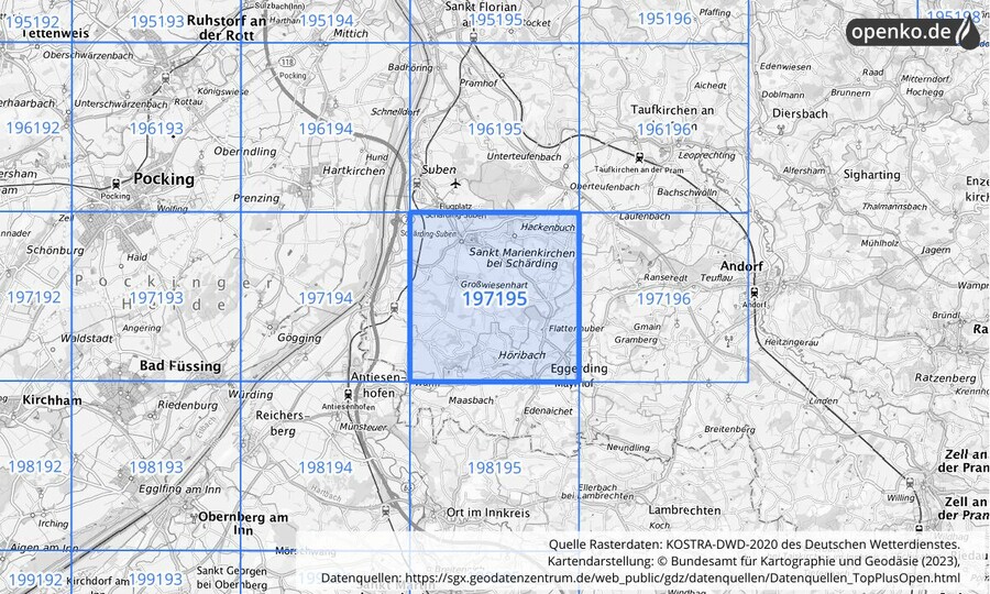 Übersichtskarte des KOSTRA-DWD-2020-Rasterfeldes Nr. 197195