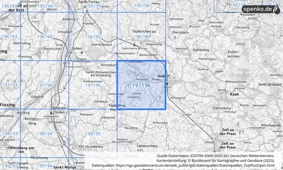 Übersichtskarte des KOSTRA-DWD-2020-Rasterfeldes Nr. 197196