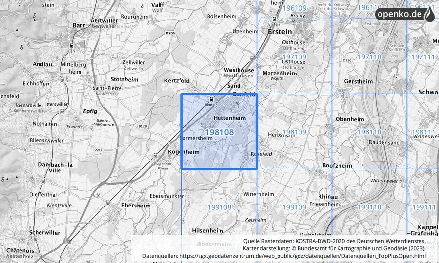 Übersichtskarte des KOSTRA-DWD-2020-Rasterfeldes Nr. 198108