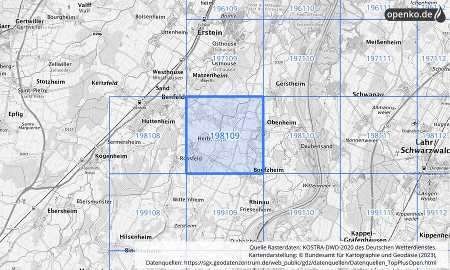 Übersichtskarte des KOSTRA-DWD-2020-Rasterfeldes Nr. 198109