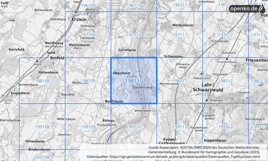 Übersichtskarte des KOSTRA-DWD-2020-Rasterfeldes Nr. 198110