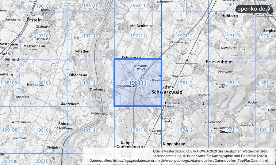 Übersichtskarte des KOSTRA-DWD-2020-Rasterfeldes Nr. 198111