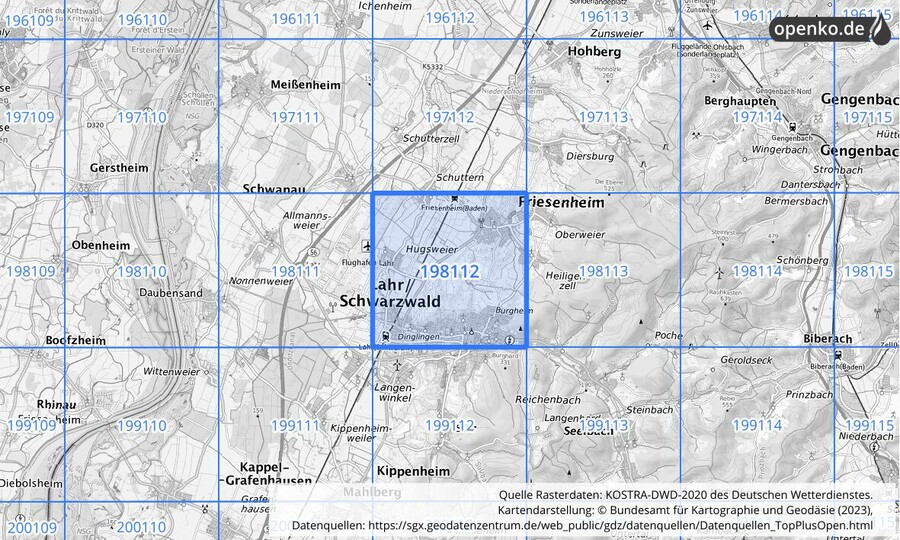 Übersichtskarte des KOSTRA-DWD-2020-Rasterfeldes Nr. 198112