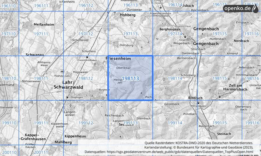 Übersichtskarte des KOSTRA-DWD-2020-Rasterfeldes Nr. 198113