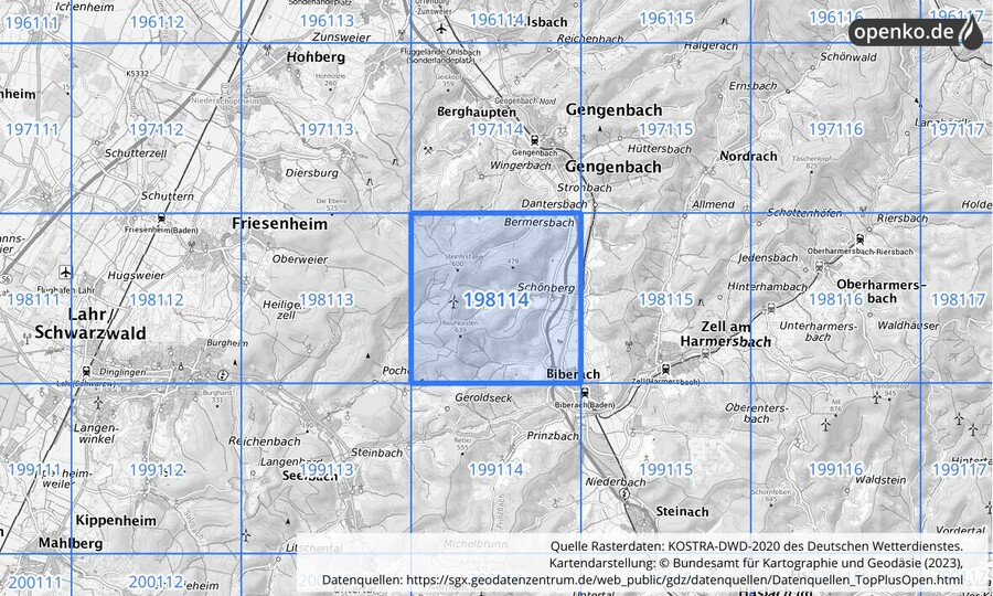 Übersichtskarte des KOSTRA-DWD-2020-Rasterfeldes Nr. 198114