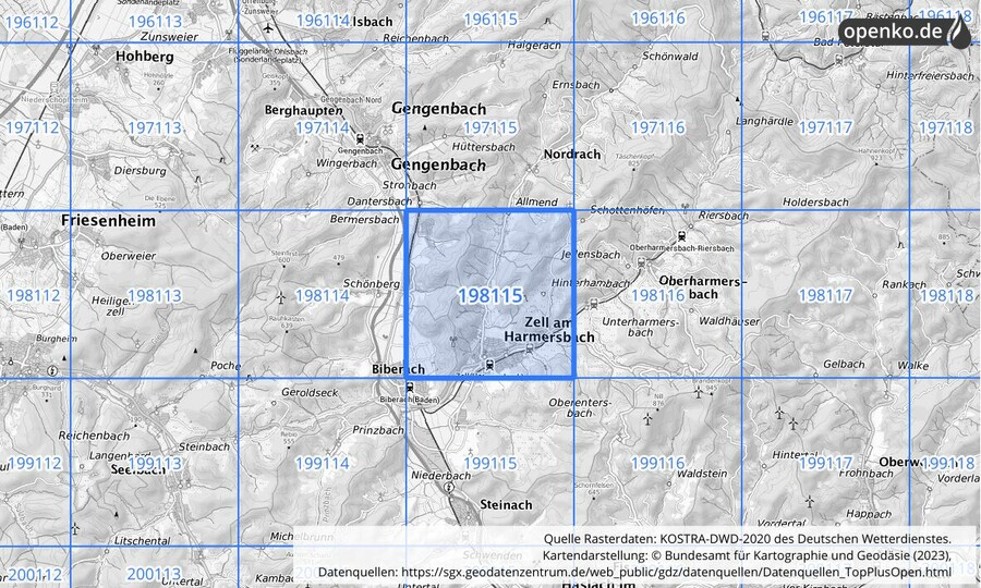 Übersichtskarte des KOSTRA-DWD-2020-Rasterfeldes Nr. 198115