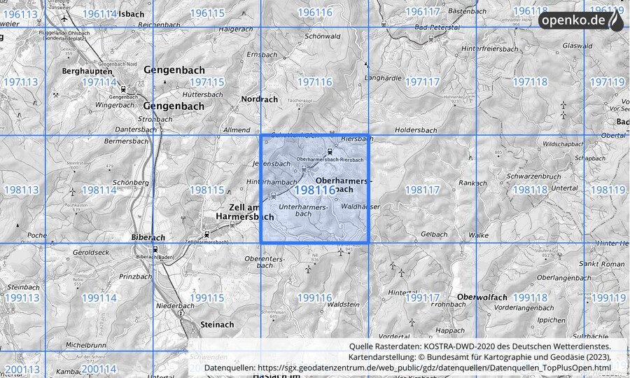 Übersichtskarte des KOSTRA-DWD-2020-Rasterfeldes Nr. 198116