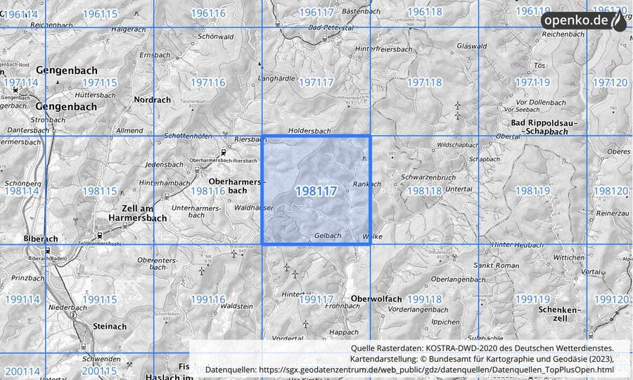 Übersichtskarte des KOSTRA-DWD-2020-Rasterfeldes Nr. 198117