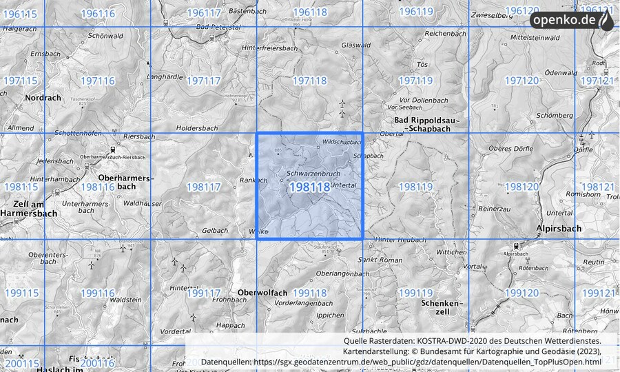 Übersichtskarte des KOSTRA-DWD-2020-Rasterfeldes Nr. 198118