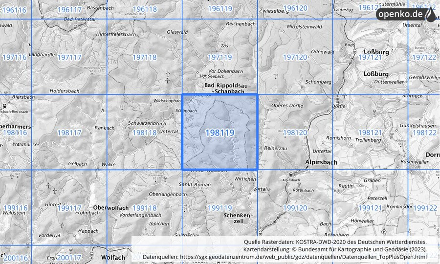 Übersichtskarte des KOSTRA-DWD-2020-Rasterfeldes Nr. 198119