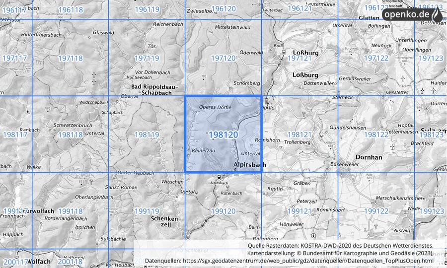 Übersichtskarte des KOSTRA-DWD-2020-Rasterfeldes Nr. 198120