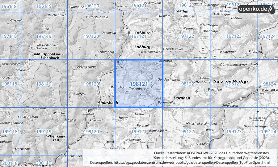 Übersichtskarte des KOSTRA-DWD-2020-Rasterfeldes Nr. 198121