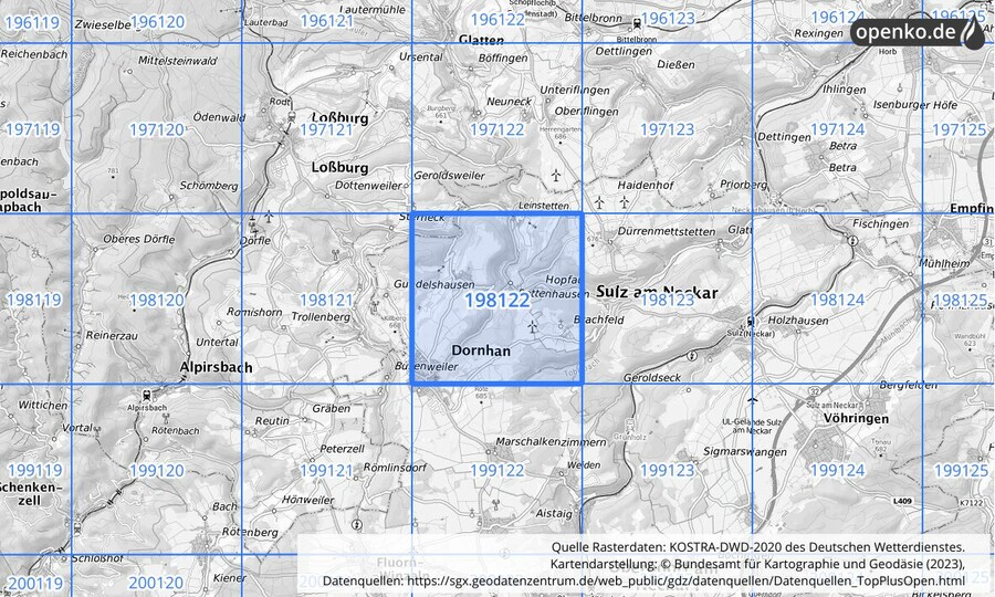 Übersichtskarte des KOSTRA-DWD-2020-Rasterfeldes Nr. 198122
