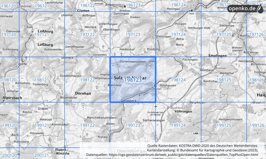 Übersichtskarte des KOSTRA-DWD-2020-Rasterfeldes Nr. 198123