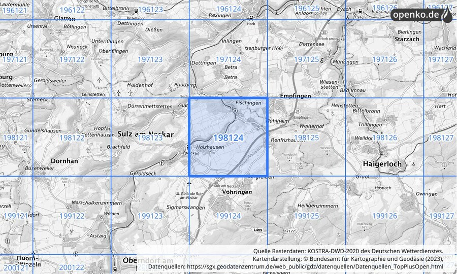 Übersichtskarte des KOSTRA-DWD-2020-Rasterfeldes Nr. 198124