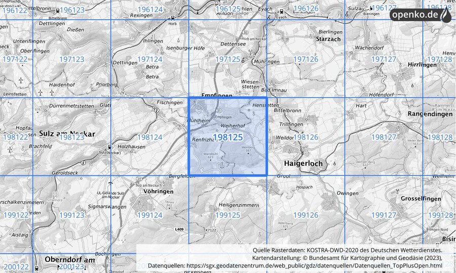 Übersichtskarte des KOSTRA-DWD-2020-Rasterfeldes Nr. 198125