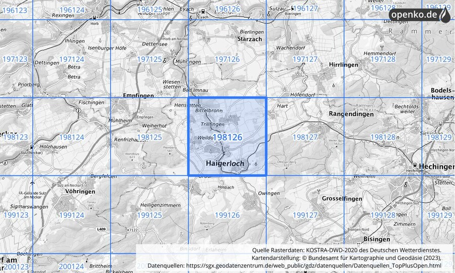 Übersichtskarte des KOSTRA-DWD-2020-Rasterfeldes Nr. 198126