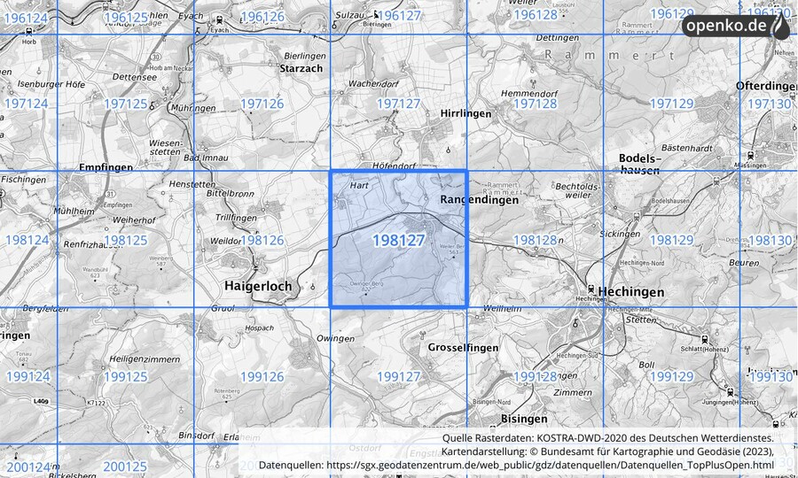 Übersichtskarte des KOSTRA-DWD-2020-Rasterfeldes Nr. 198127