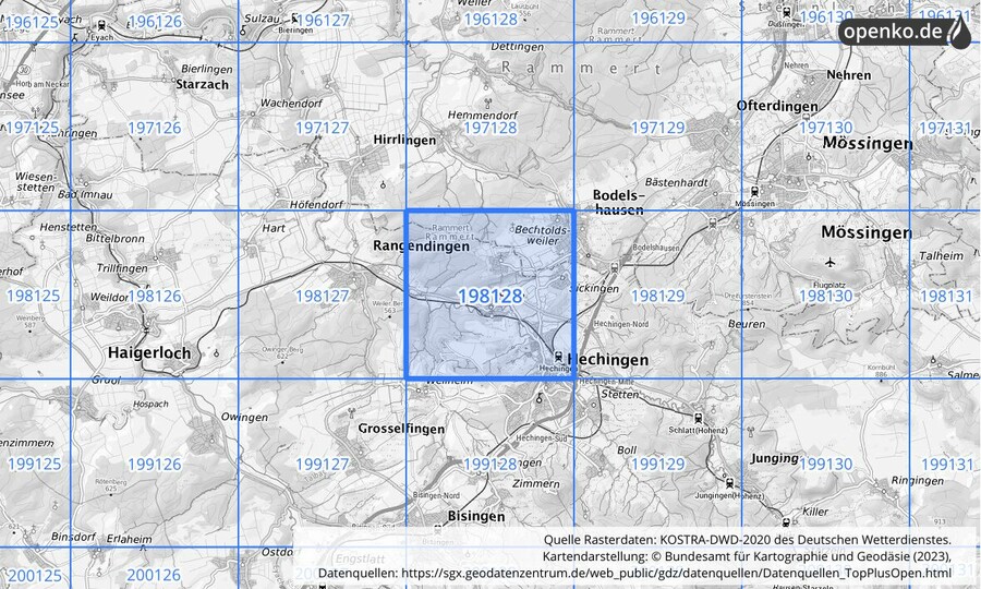 Übersichtskarte des KOSTRA-DWD-2020-Rasterfeldes Nr. 198128