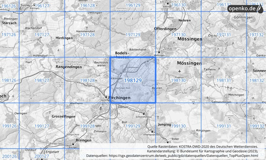 Übersichtskarte des KOSTRA-DWD-2020-Rasterfeldes Nr. 198129