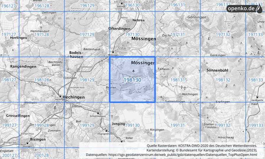 Übersichtskarte des KOSTRA-DWD-2020-Rasterfeldes Nr. 198130