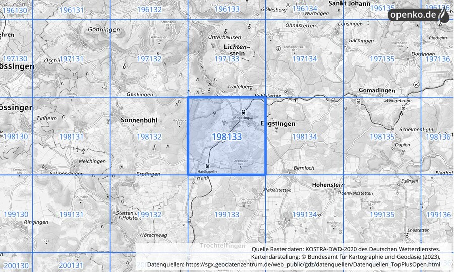 Übersichtskarte des KOSTRA-DWD-2020-Rasterfeldes Nr. 198133