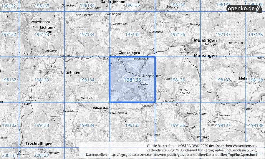 Übersichtskarte des KOSTRA-DWD-2020-Rasterfeldes Nr. 198135