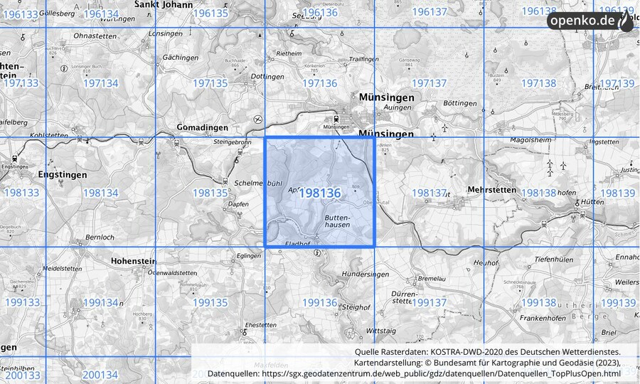 Übersichtskarte des KOSTRA-DWD-2020-Rasterfeldes Nr. 198136