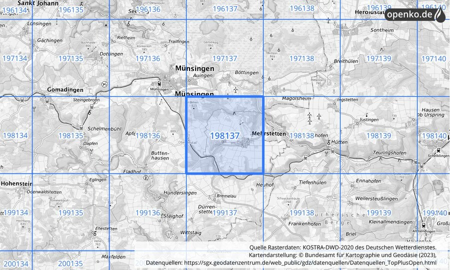 Übersichtskarte des KOSTRA-DWD-2020-Rasterfeldes Nr. 198137