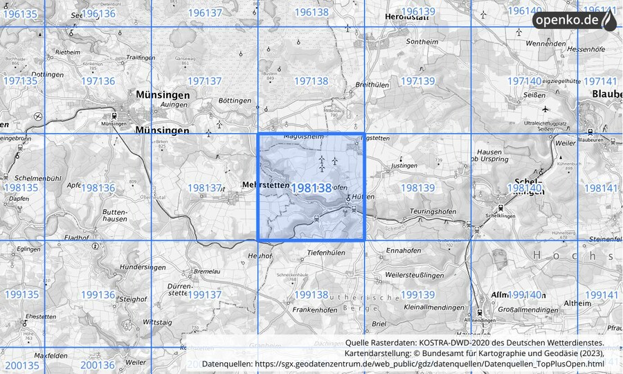 Übersichtskarte des KOSTRA-DWD-2020-Rasterfeldes Nr. 198138