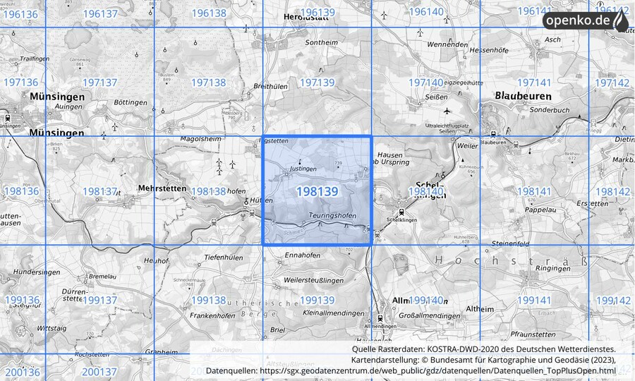 Übersichtskarte des KOSTRA-DWD-2020-Rasterfeldes Nr. 198139