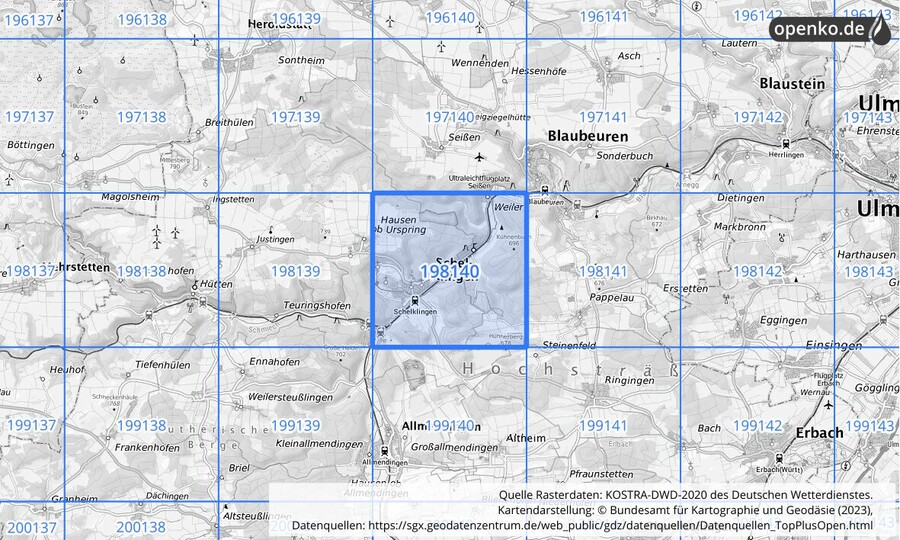 Übersichtskarte des KOSTRA-DWD-2020-Rasterfeldes Nr. 198140