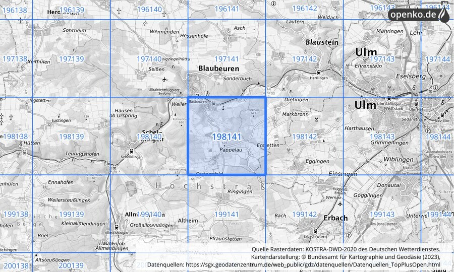Übersichtskarte des KOSTRA-DWD-2020-Rasterfeldes Nr. 198141