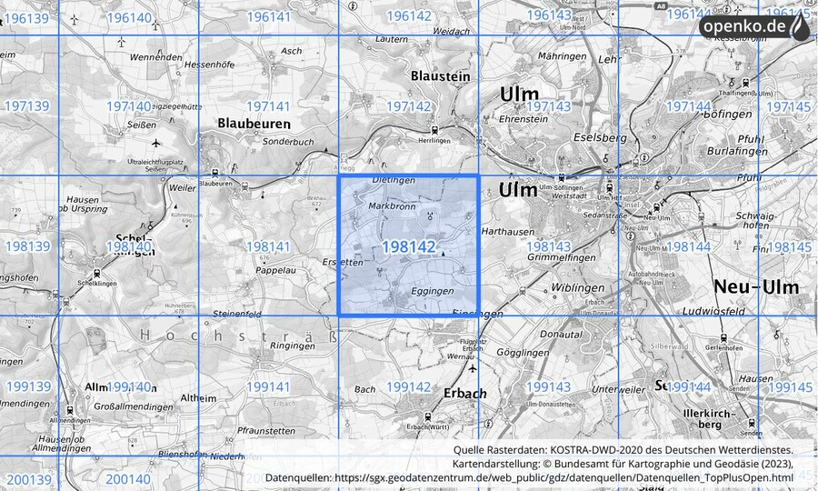 Übersichtskarte des KOSTRA-DWD-2020-Rasterfeldes Nr. 198142