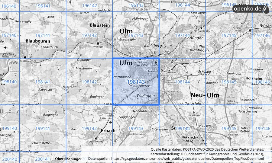 Übersichtskarte des KOSTRA-DWD-2020-Rasterfeldes Nr. 198143