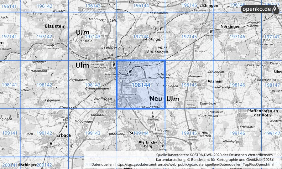 Übersichtskarte des KOSTRA-DWD-2020-Rasterfeldes Nr. 198144