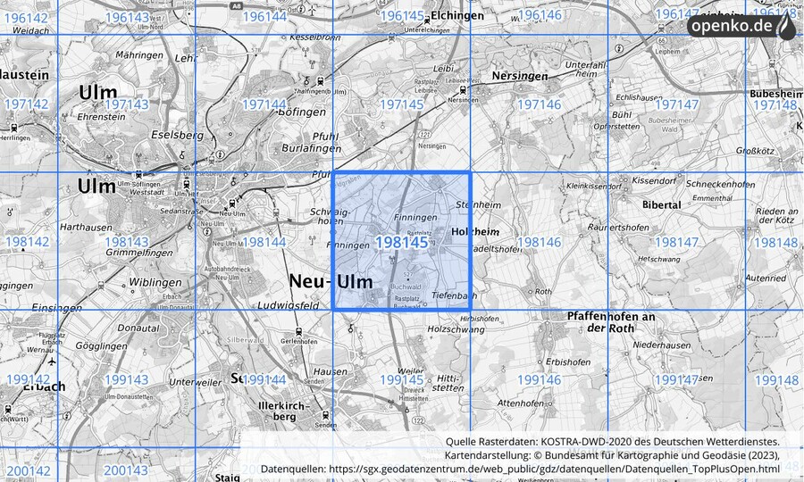 Übersichtskarte des KOSTRA-DWD-2020-Rasterfeldes Nr. 198145