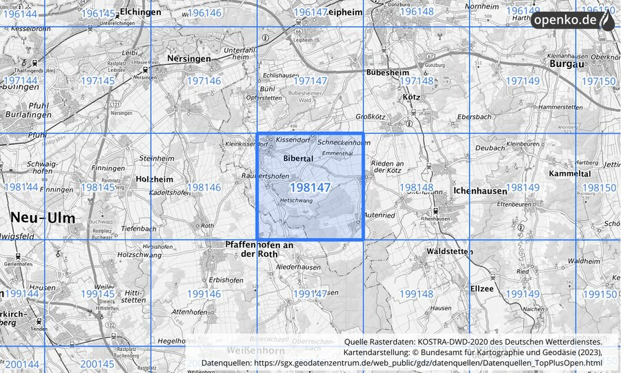 Übersichtskarte des KOSTRA-DWD-2020-Rasterfeldes Nr. 198147