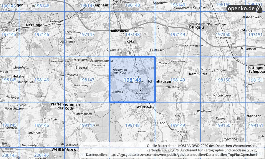 Übersichtskarte des KOSTRA-DWD-2020-Rasterfeldes Nr. 198148