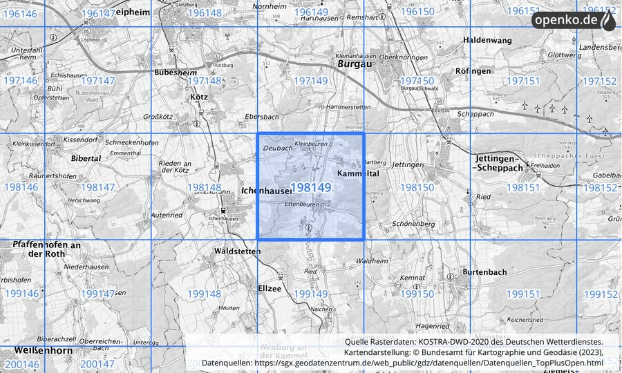 Übersichtskarte des KOSTRA-DWD-2020-Rasterfeldes Nr. 198149